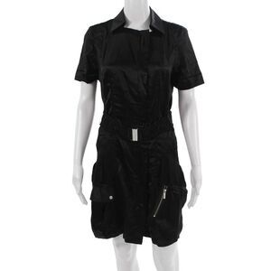Karen Millen Women Shirt Dress Black Collared Short Sleeve Army Buckle Size 8